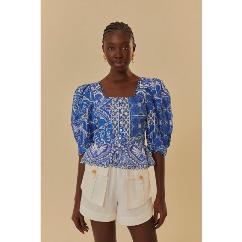 💕FARM RIO💕 Blue Tile Dream Short Sleeve Blouse ~ Floral Large L NWT *DAMAGED*